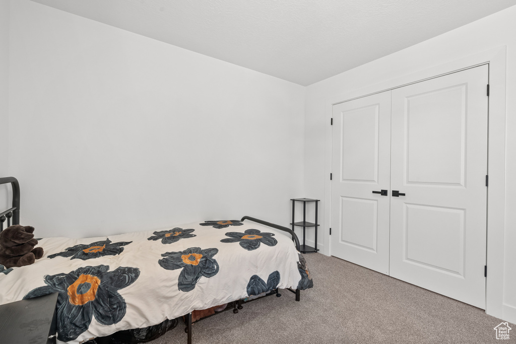 Carpeted bedroom with a closet
