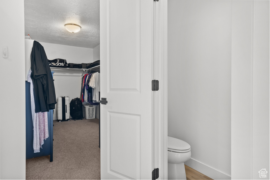 Bathroom with a textured ceiling and toilet