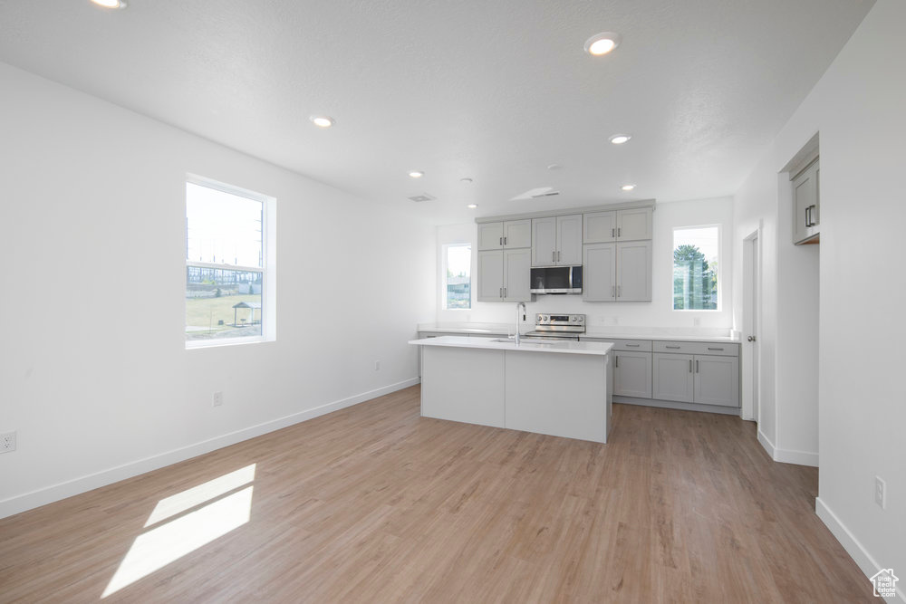 Kitchen featuring stainless steel appliances, gray cabinets, healthy amount of natural light, and recessed lighting