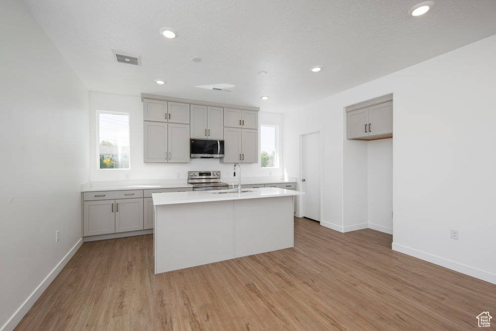 Kitchen featuring stainless steel appliances, gray cabinets, light countertops, light wood-style floors, and a kitchen island with sink