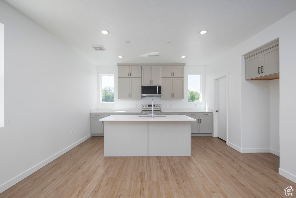 Kitchen featuring appliances with stainless steel finishes, gray cabinetry, light wood-type flooring, light countertops, and healthy amount of natural light