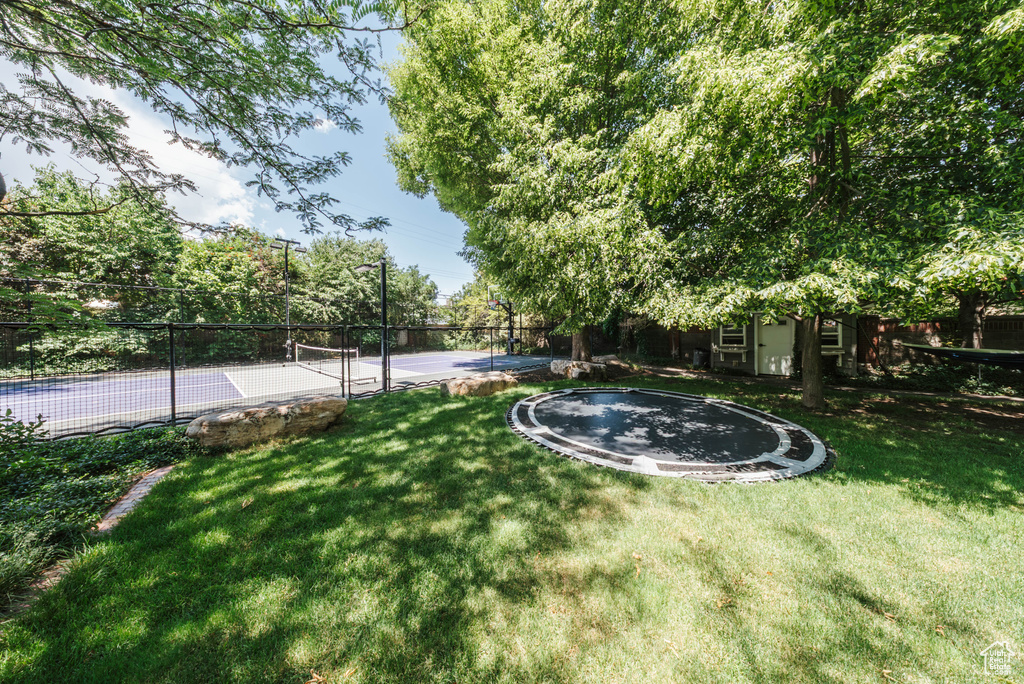 View of yard with a tennis court and a storage shed