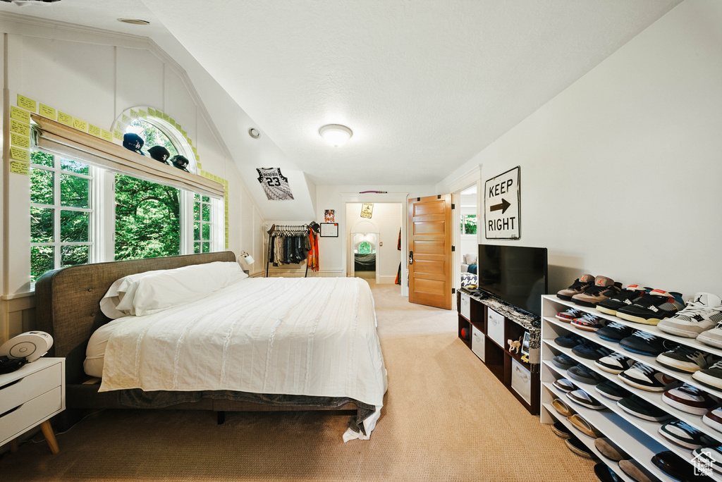 Bedroom with light carpet and vaulted ceiling