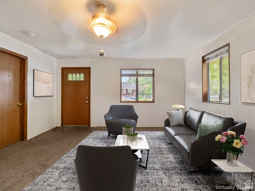 Living area featuring plenty of natural light and carpet floors