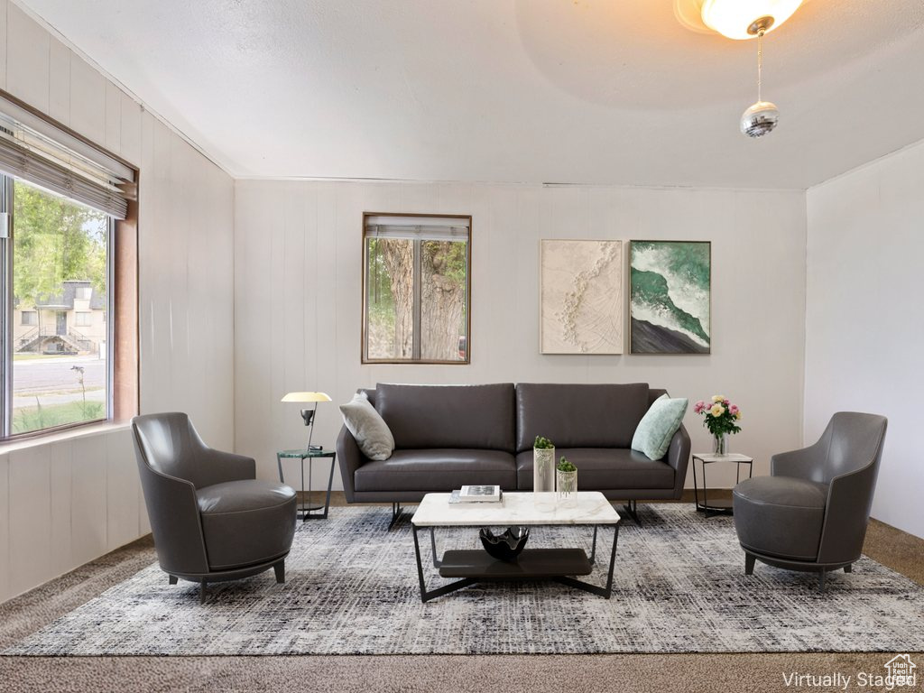 Living area with carpet and wooden walls