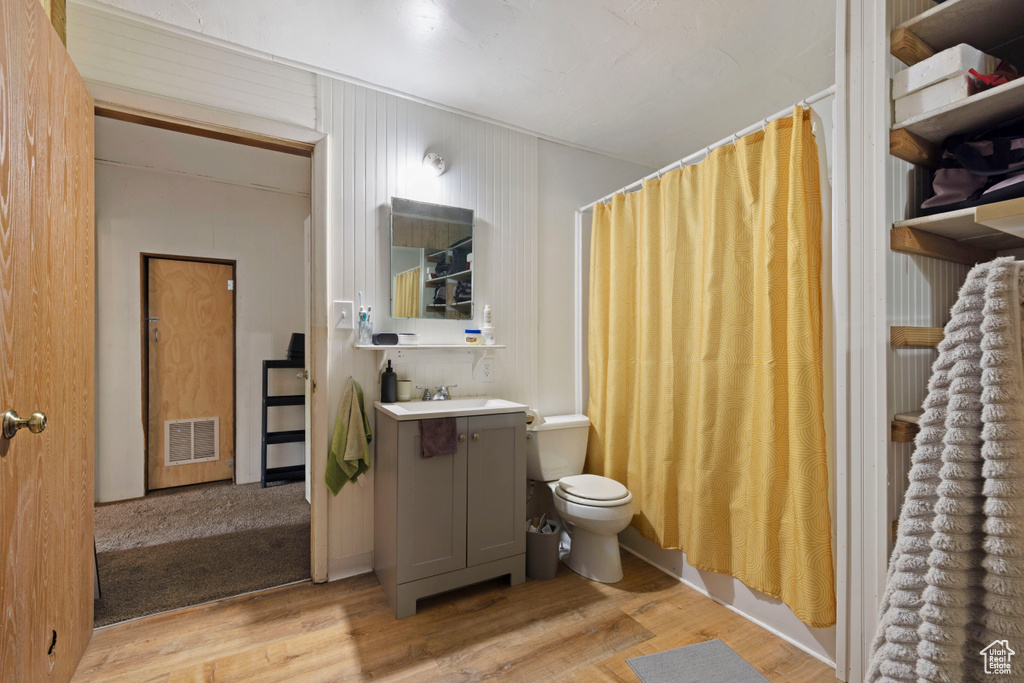 Bathroom featuring vanity, wood finished floors, and curtained shower
