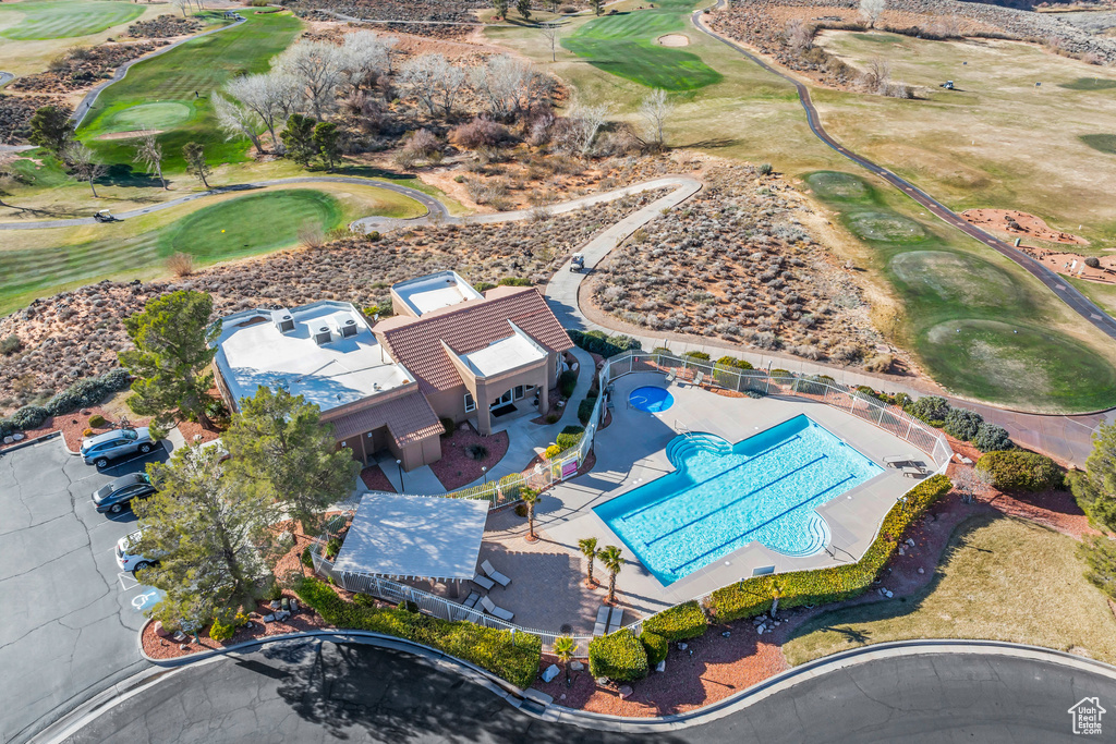 Aerial view of a local golf course and a pool area