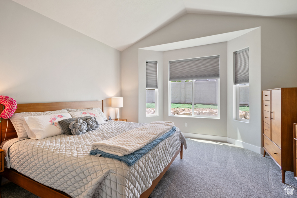 Bedroom featuring lofted ceiling and carpet flooring