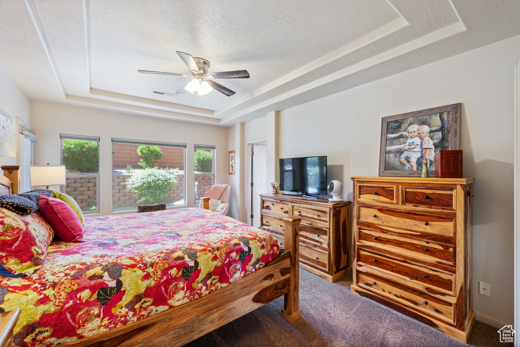 Bedroom with a raised ceiling, carpet flooring, and ceiling fan