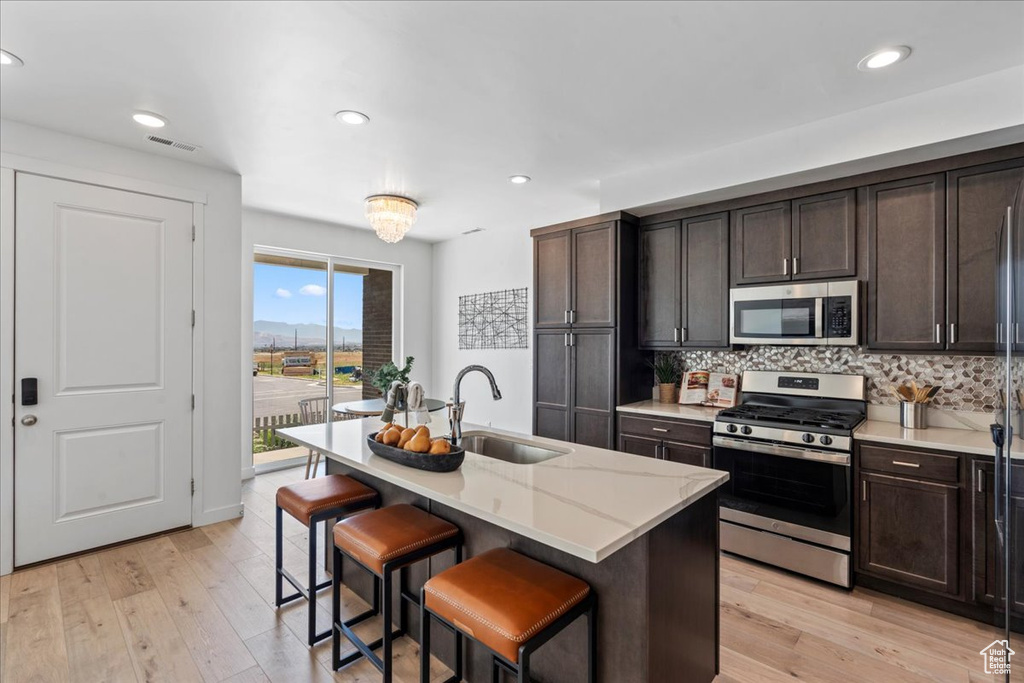 Kitchen featuring appliances with stainless steel finishes, decorative backsplash, dark brown cabinetry, a breakfast bar area, and recessed lighting