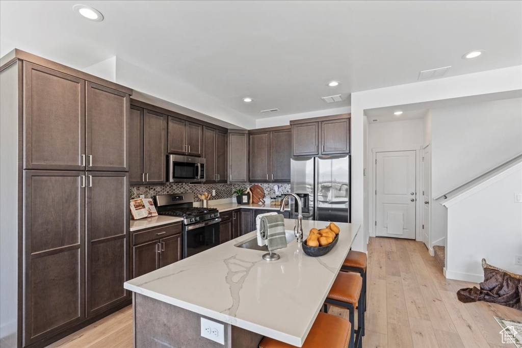 Kitchen with appliances with stainless steel finishes, dark brown cabinetry, light wood-style floors, a kitchen bar, and backsplash
