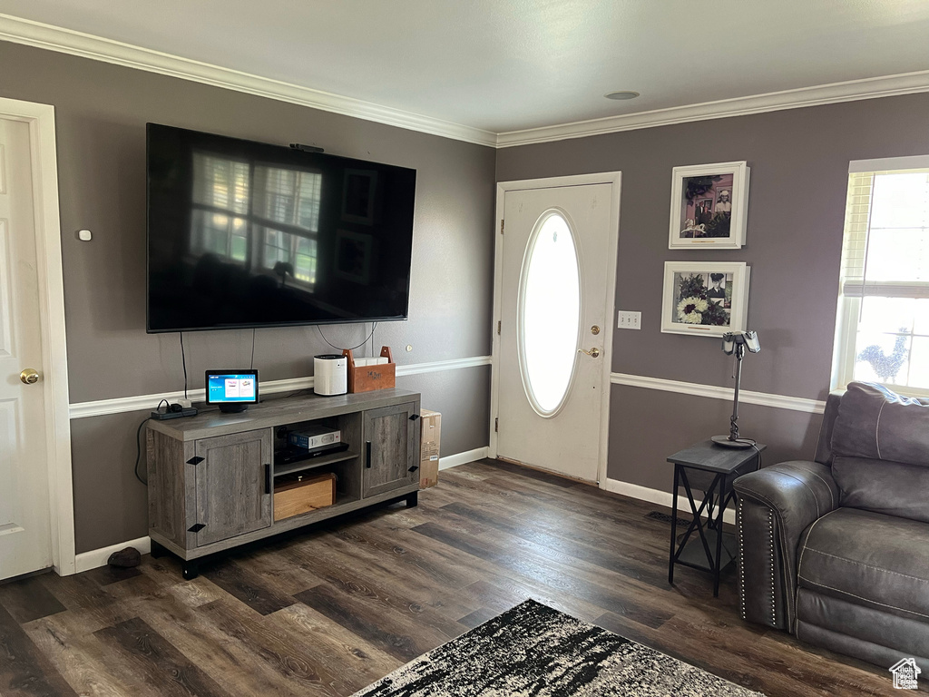 Living area with dark wood-style floors and crown molding