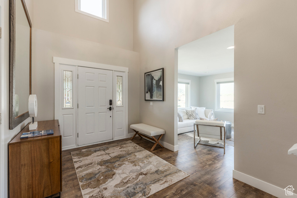 Entrance foyer with dark wood-style flooring and a towering ceiling