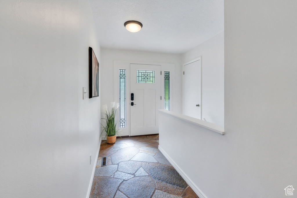 Entryway with baseboards and stone finish floors