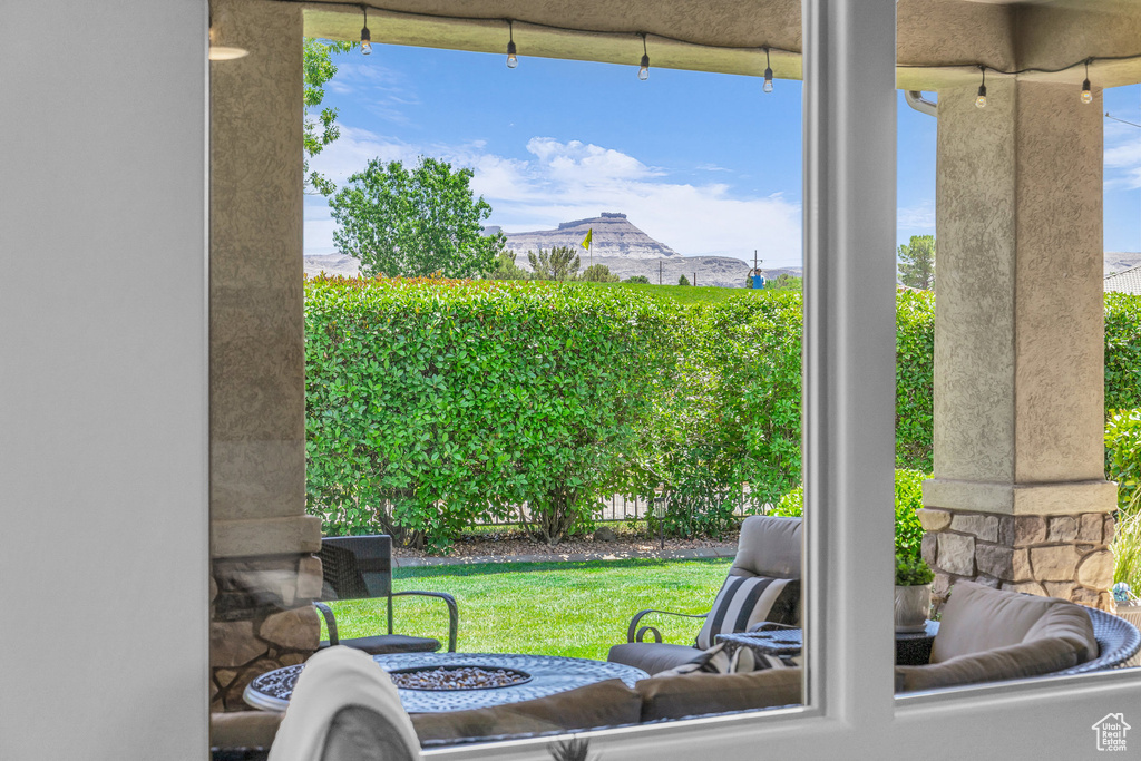 View of patio featuring a mountain view