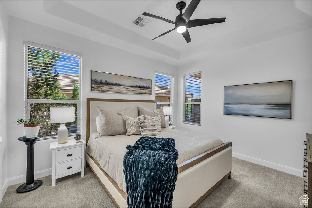 Carpeted bedroom with a raised ceiling and a ceiling fan