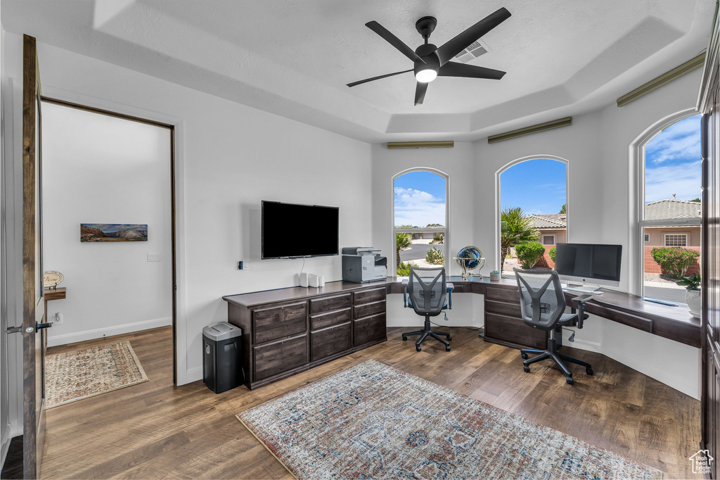 Home office with a raised ceiling, wood finished floors, and ceiling fan