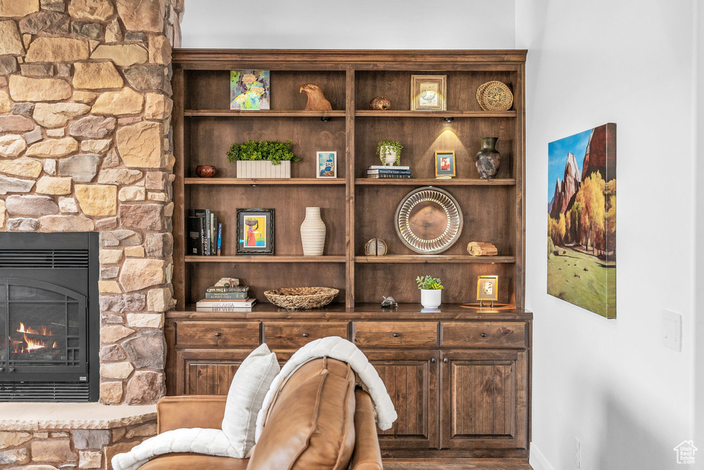 Detailed view of a fireplace and built in features