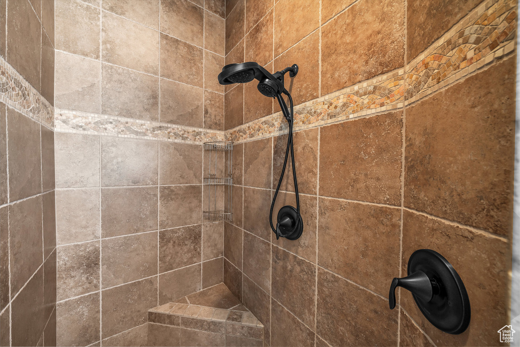 Bathroom view of a tile shower