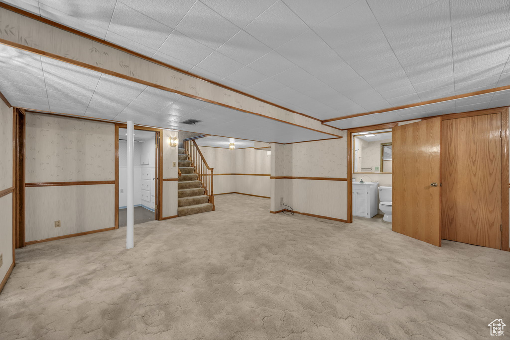 Finished below grade area with stairs and carpet