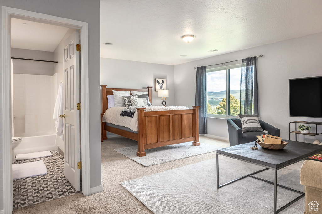 Bedroom with carpet flooring and ensuite bathroom