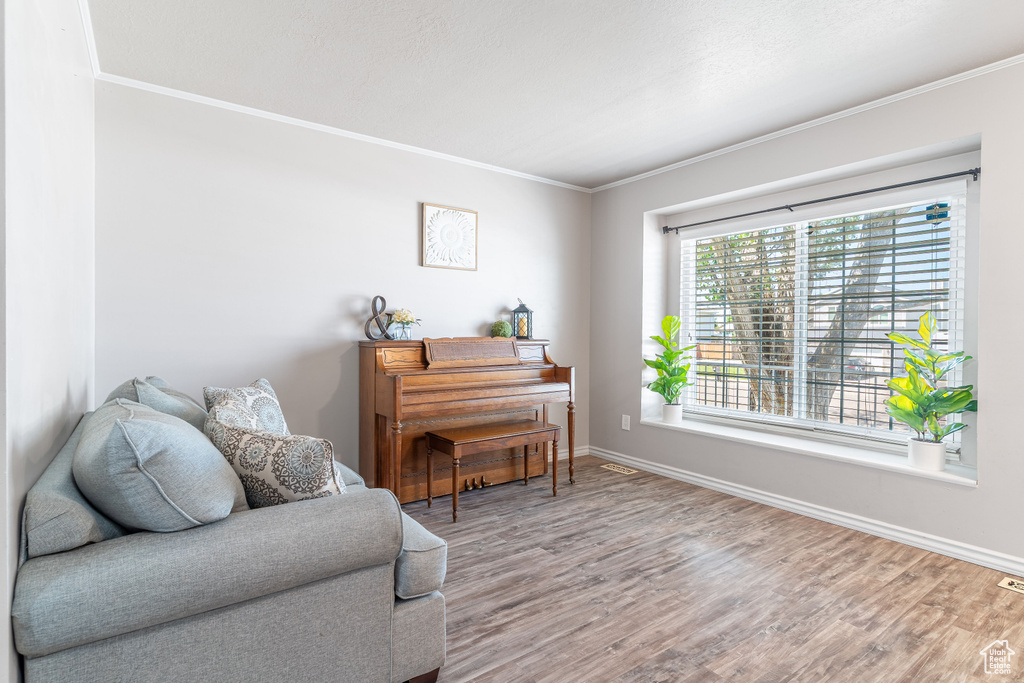 Living area featuring crown molding and wood finished floors