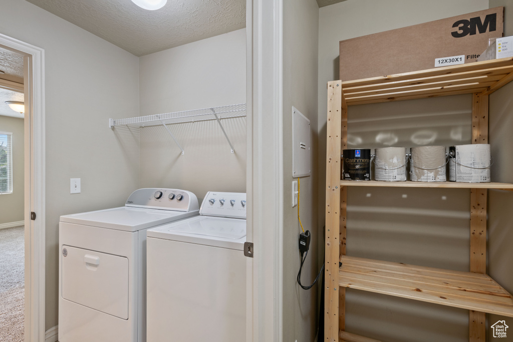 Laundry room with washing machine and clothes dryer and carpet