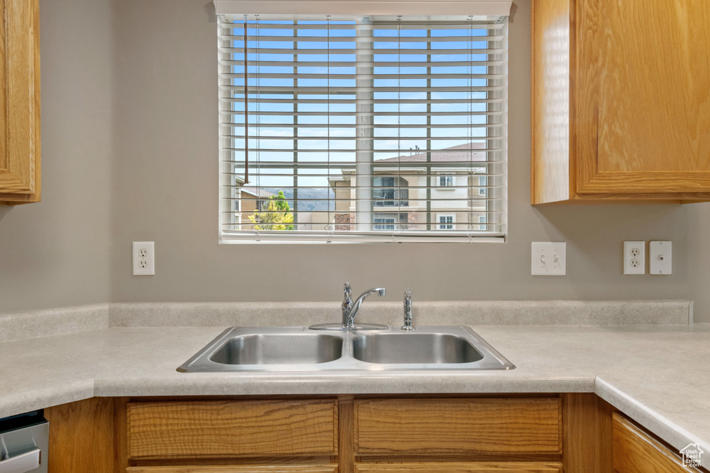 Kitchen with light countertops and stainless steel dishwasher
