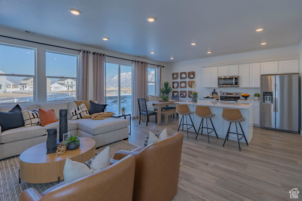 Living area with light wood-style floors and recessed lighting