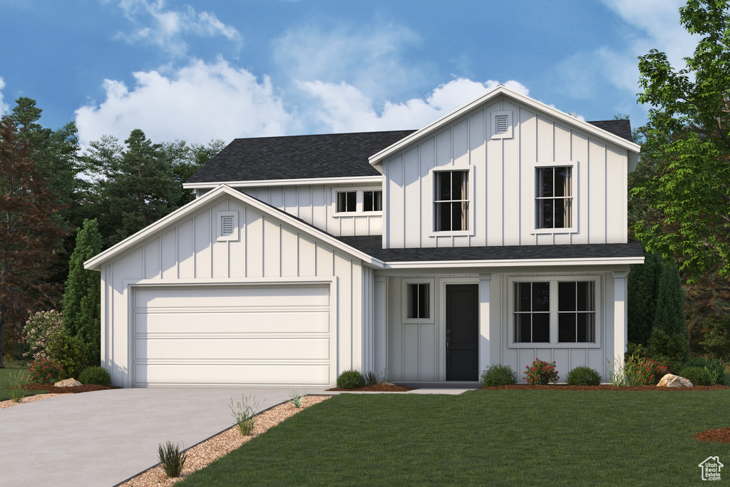 Modern farmhouse style home with board and batten siding, a shingled roof, concrete driveway, and an attached garage