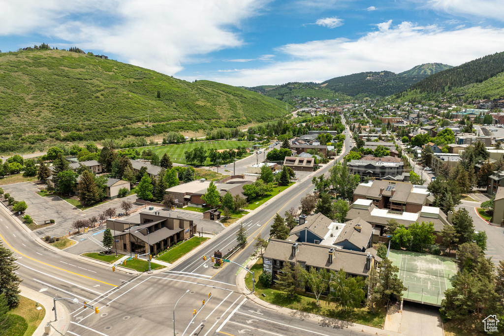 Aerial perspective of suburban area with mountains