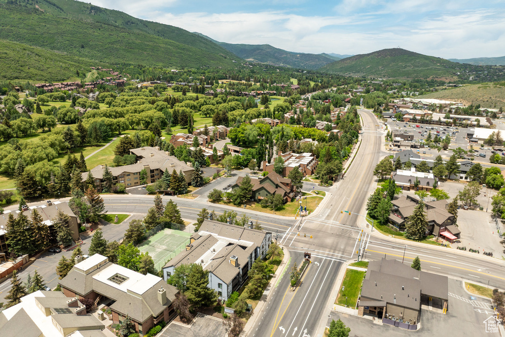 Aerial perspective of suburban area with mountains