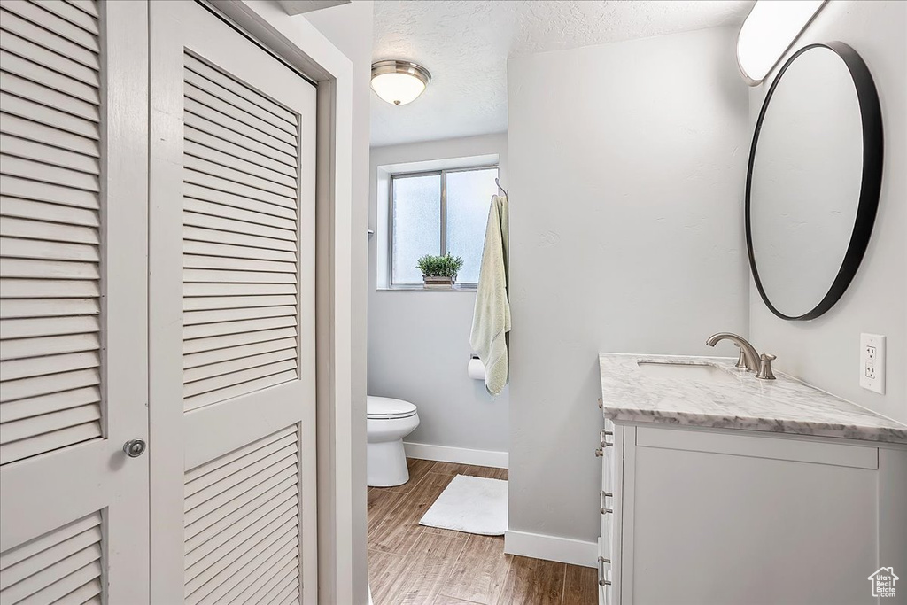 Bathroom with a closet, vanity, wood finished floors, and a textured ceiling
