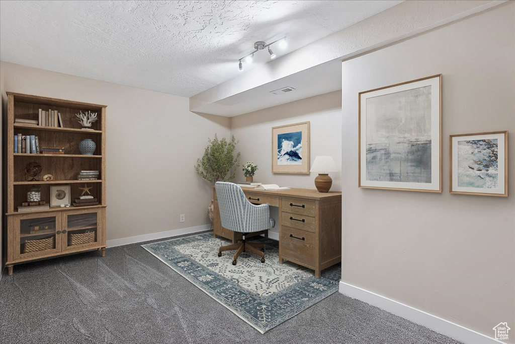 Carpeted office space featuring baseboards and a textured ceiling