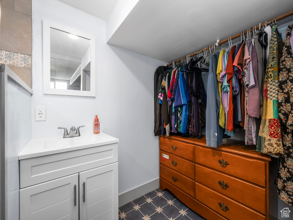 Spacious closet featuring a sink and dark flooring
