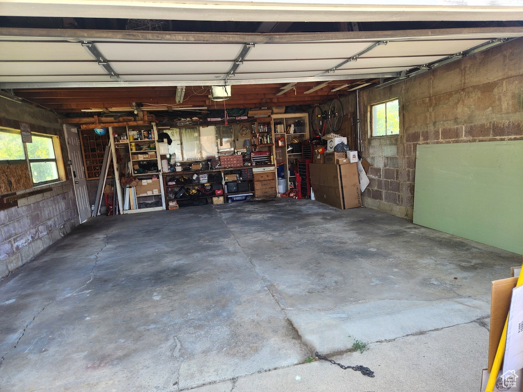 Garage with concrete block wall
