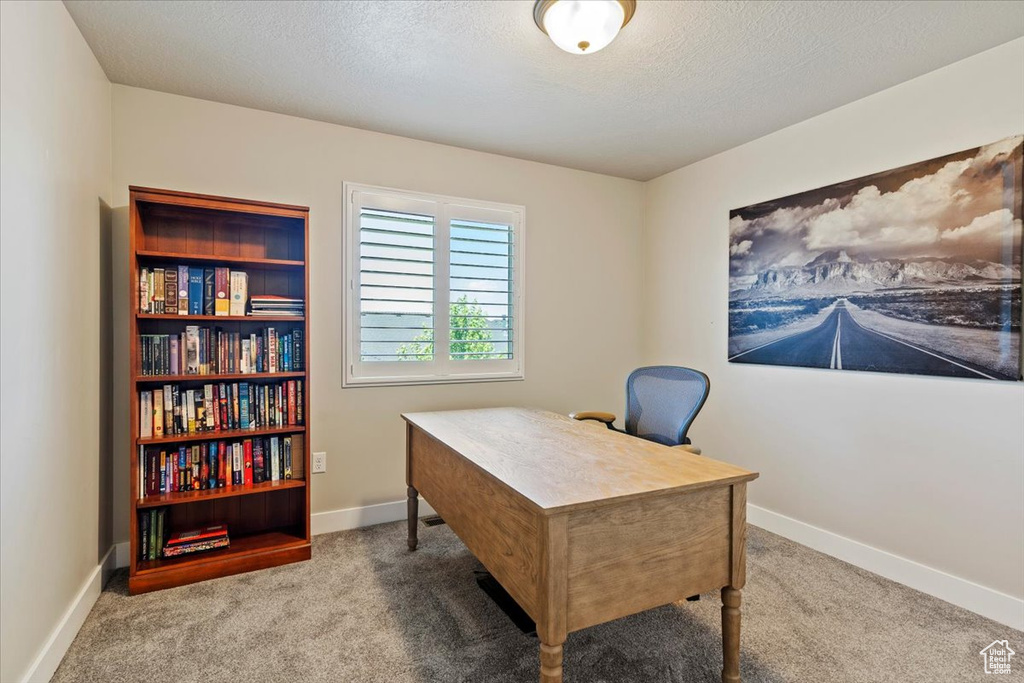 Carpeted office with baseboards and a textured ceiling