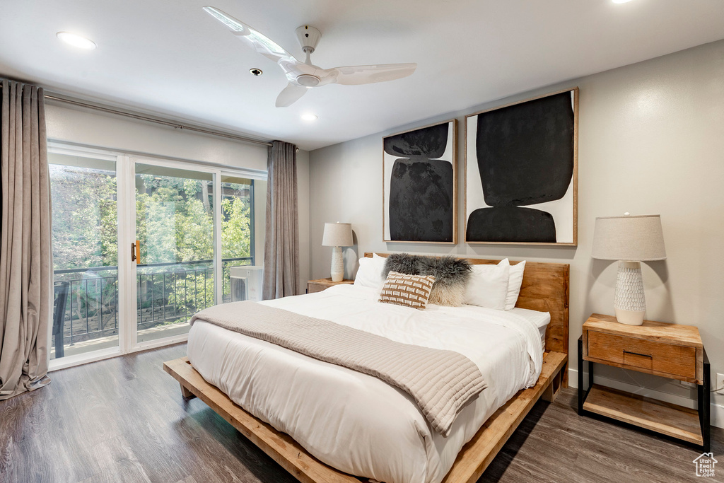 Bedroom featuring access to outside, wood finished floors, recessed lighting, and ceiling fan