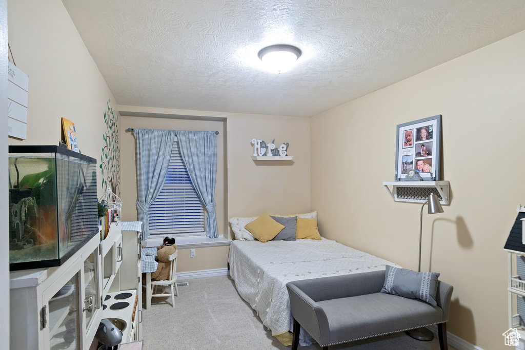 Bedroom with a textured ceiling and carpet flooring