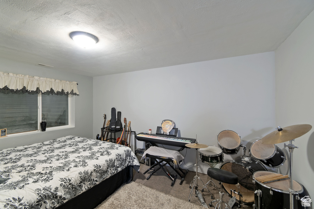 Carpeted bedroom with a textured ceiling