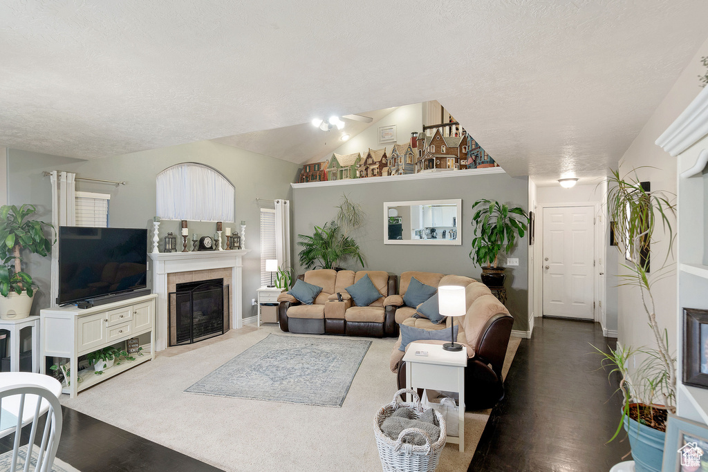 Living area with wood finished floors, a fireplace with flush hearth, a textured ceiling, and lofted ceiling