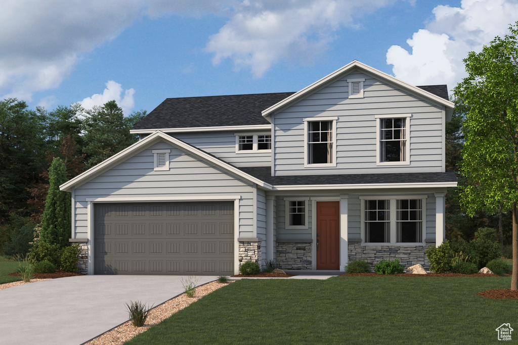 View of front of property featuring stone siding, driveway, roof with shingles, and a front yard
