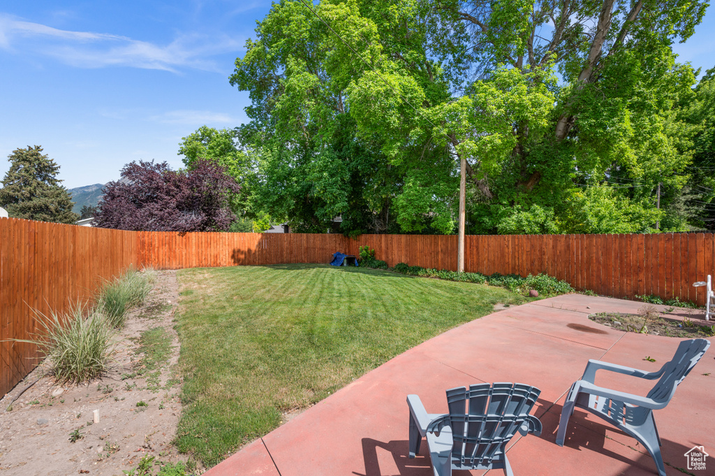 Fenced backyard with a patio