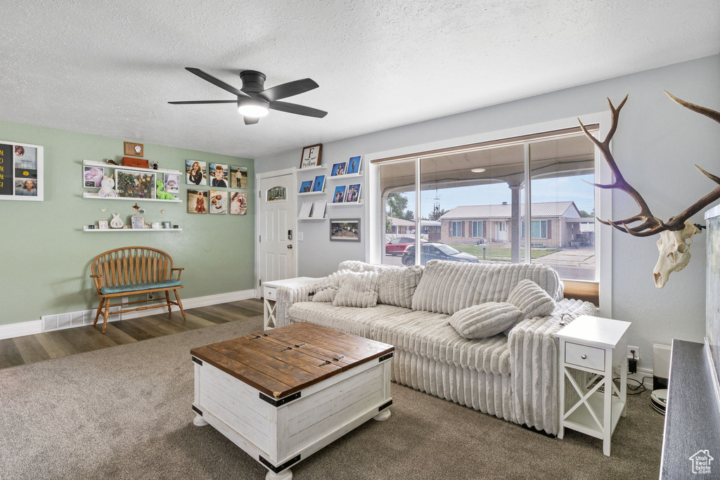 Carpeted living room with ceiling fan and a textured ceiling