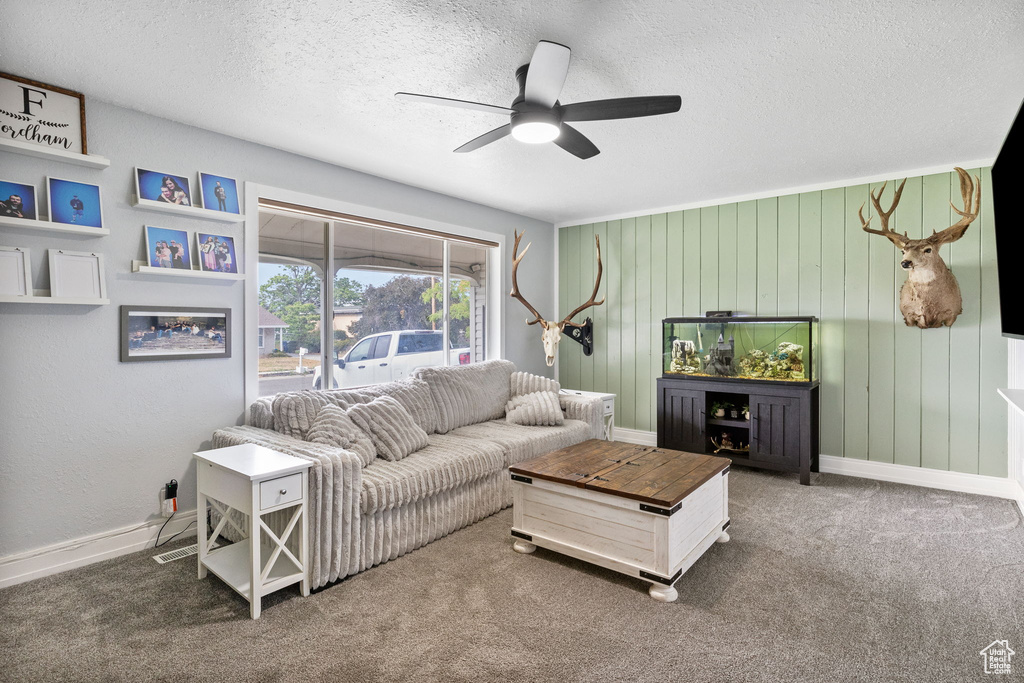 Carpeted living area featuring a textured ceiling and ceiling fan
