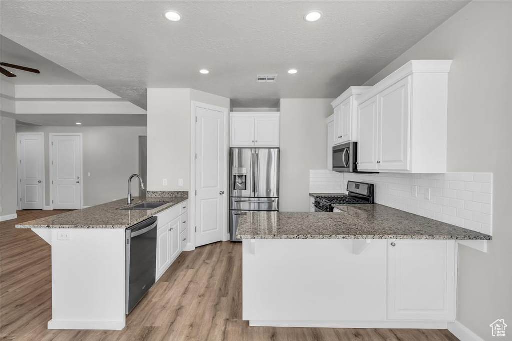 Kitchen featuring appliances with stainless steel finishes, a peninsula, stone countertops, light wood-style flooring, and recessed lighting
