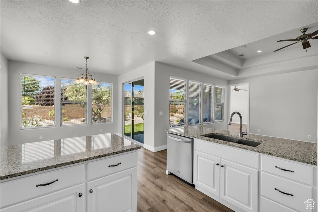 Kitchen with stainless steel dishwasher, light wood finished floors, a ceiling fan, a chandelier, and light stone counters