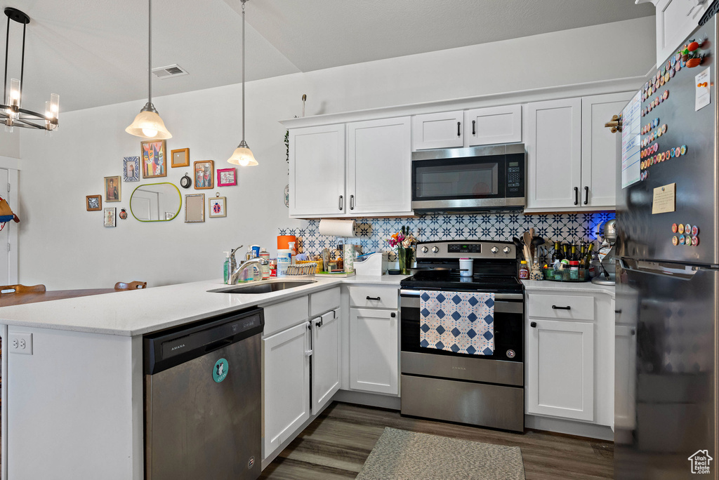 Kitchen featuring stainless steel appliances, a peninsula, dark wood-style flooring, and light countertops