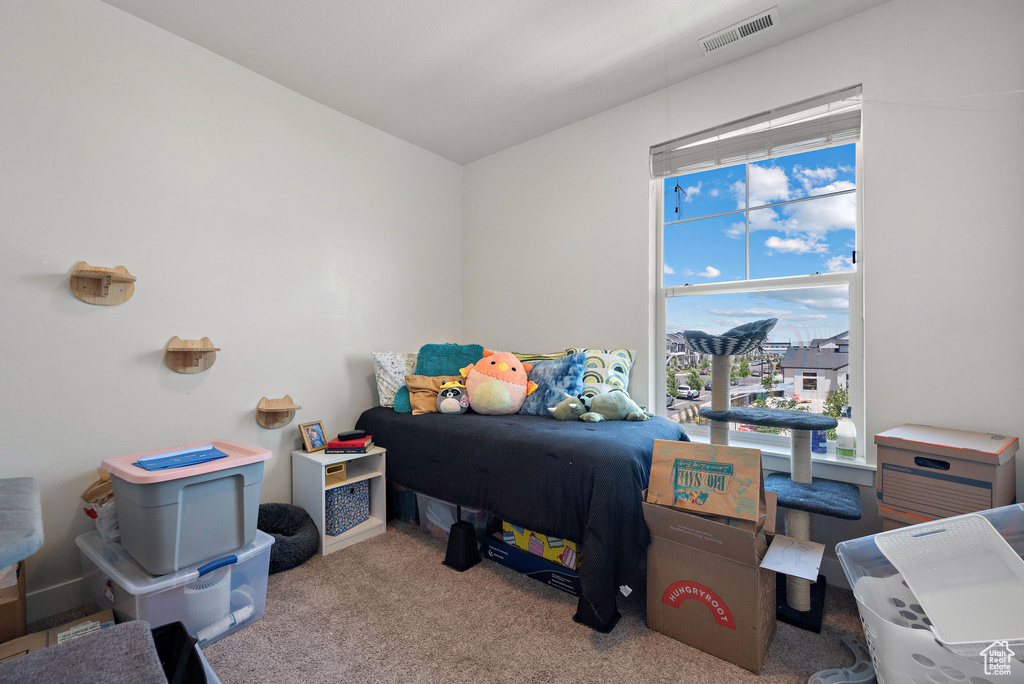 Bedroom featuring carpet floors and lofted ceiling