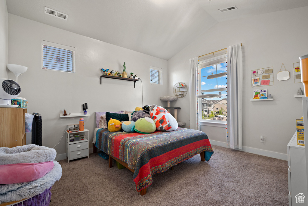 Carpeted bedroom with lofted ceiling and baseboards